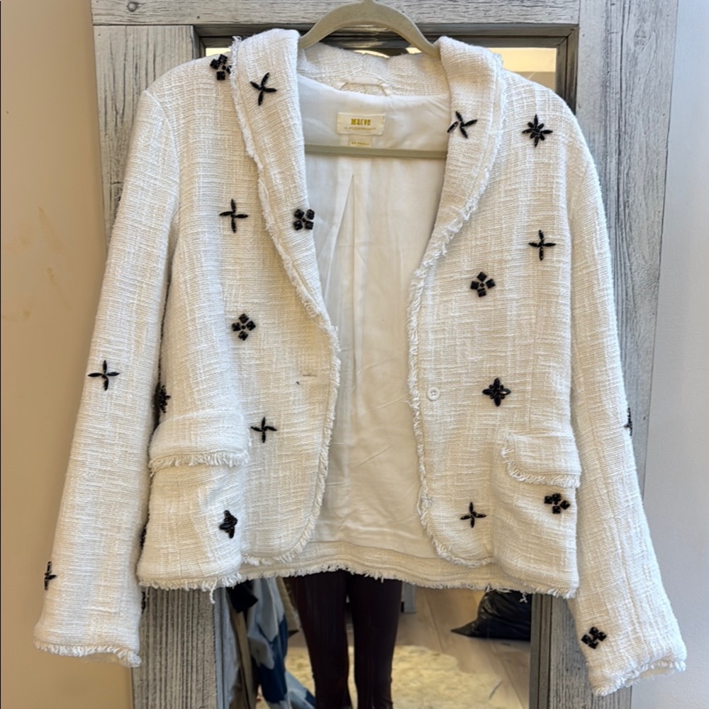 Maeve by Anthropologie Elegant White Tweed Jacket with Black Embellishments